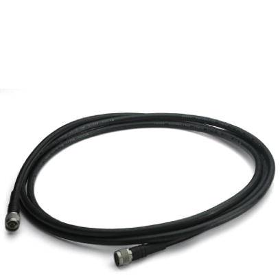 Black coaxial cable with metal connectors at both ends, on a white surface.