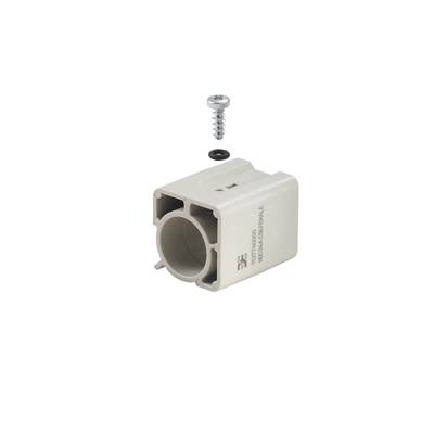 White plastic mounting bracket with a circular opening, with a screw and a black seal above it, against a white background.