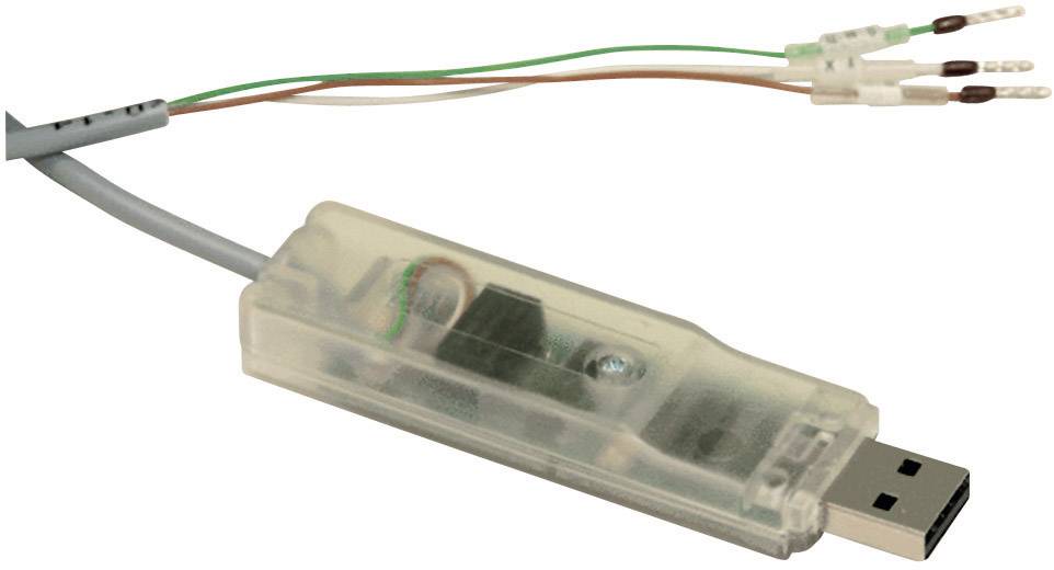 A transparent USB drive with three different cables extending from it. The cables are in different colours.