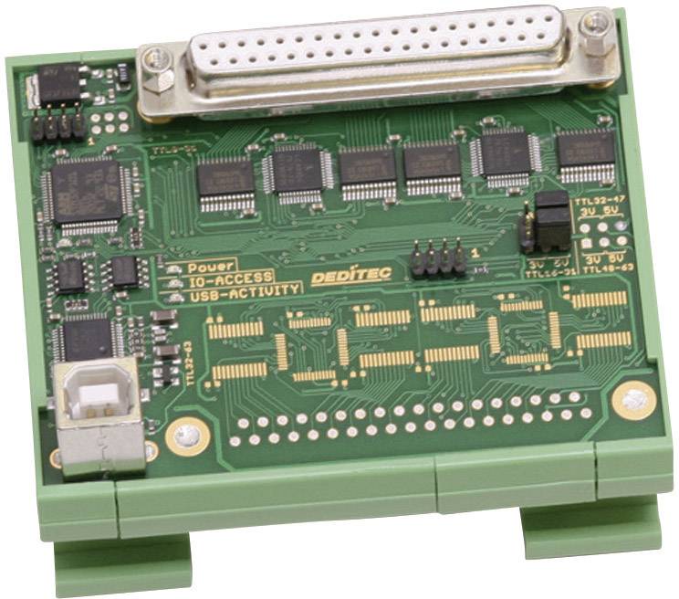 Green circuit board with multiple integrated circuits and connectors, including a wide plug and USB port, labelled as 'DEDITEC'.