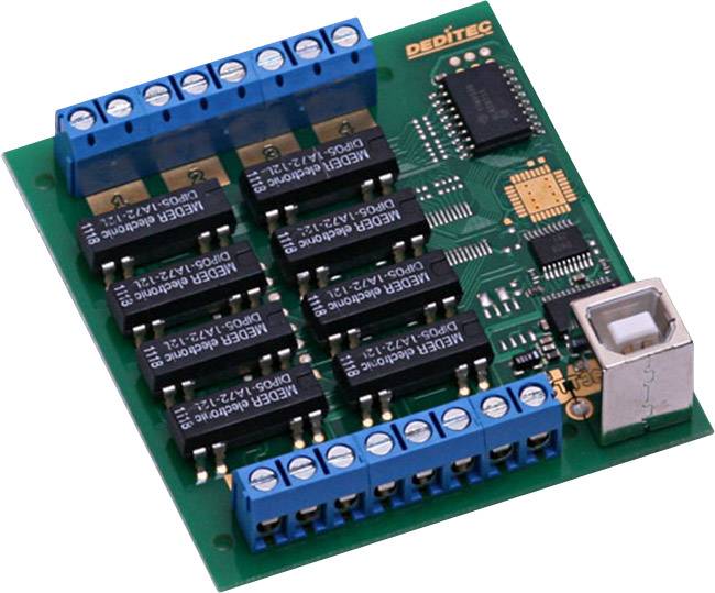 A green circuit board with multiple blue terminal blocks, black integrated circuits, and a USB port for electronic applications.
