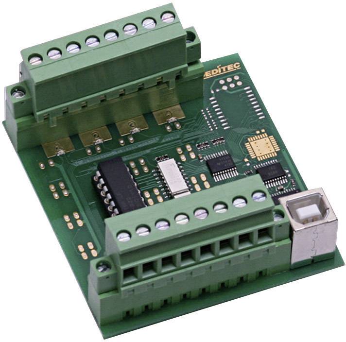 A green electronic circuit board with connectors and a USB port, used for electronic applications.