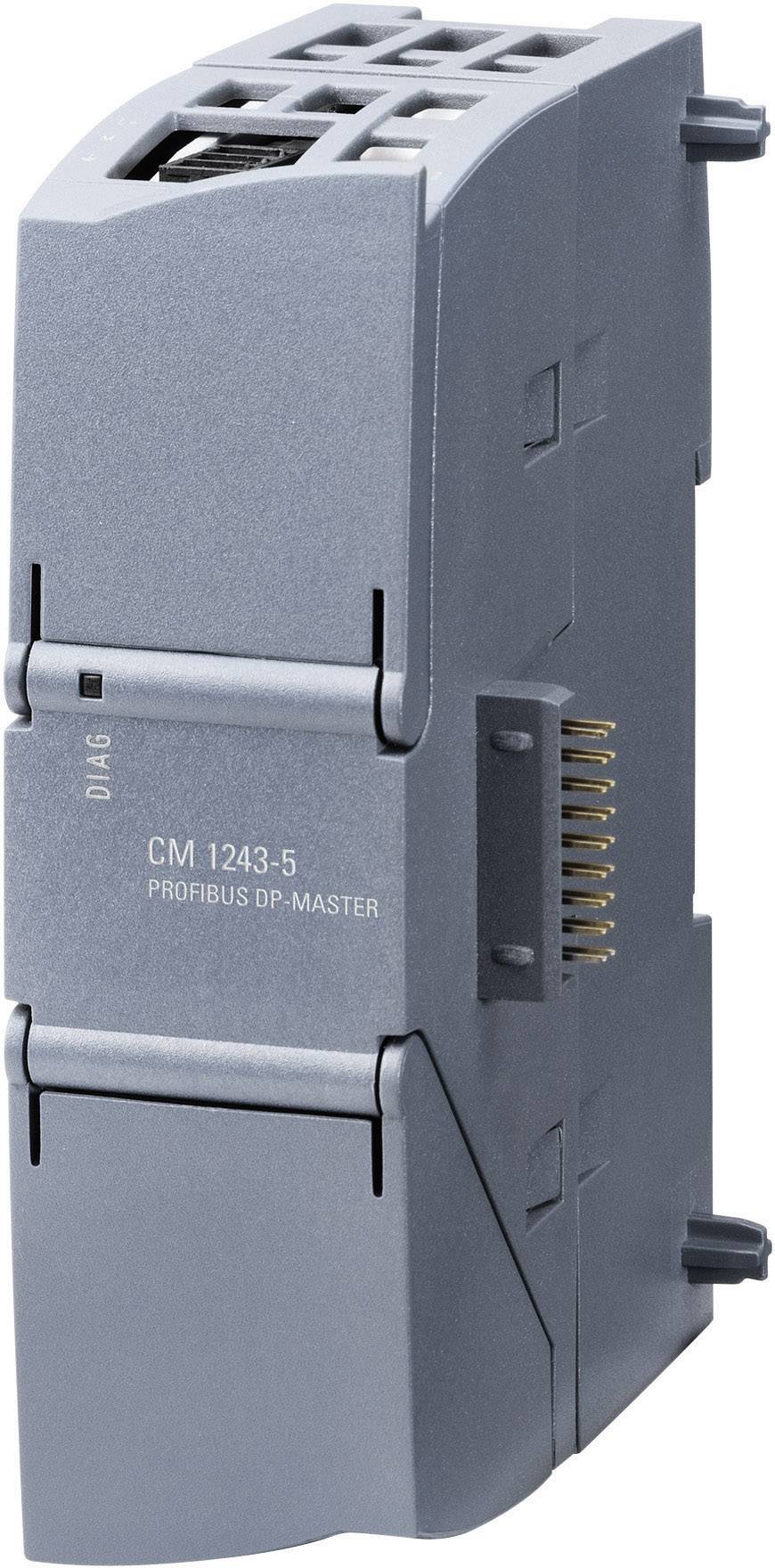 A grey PROFIBUS DP master module, labelled 'CM 1243-5', shows connections on its side, used in industrial networks.