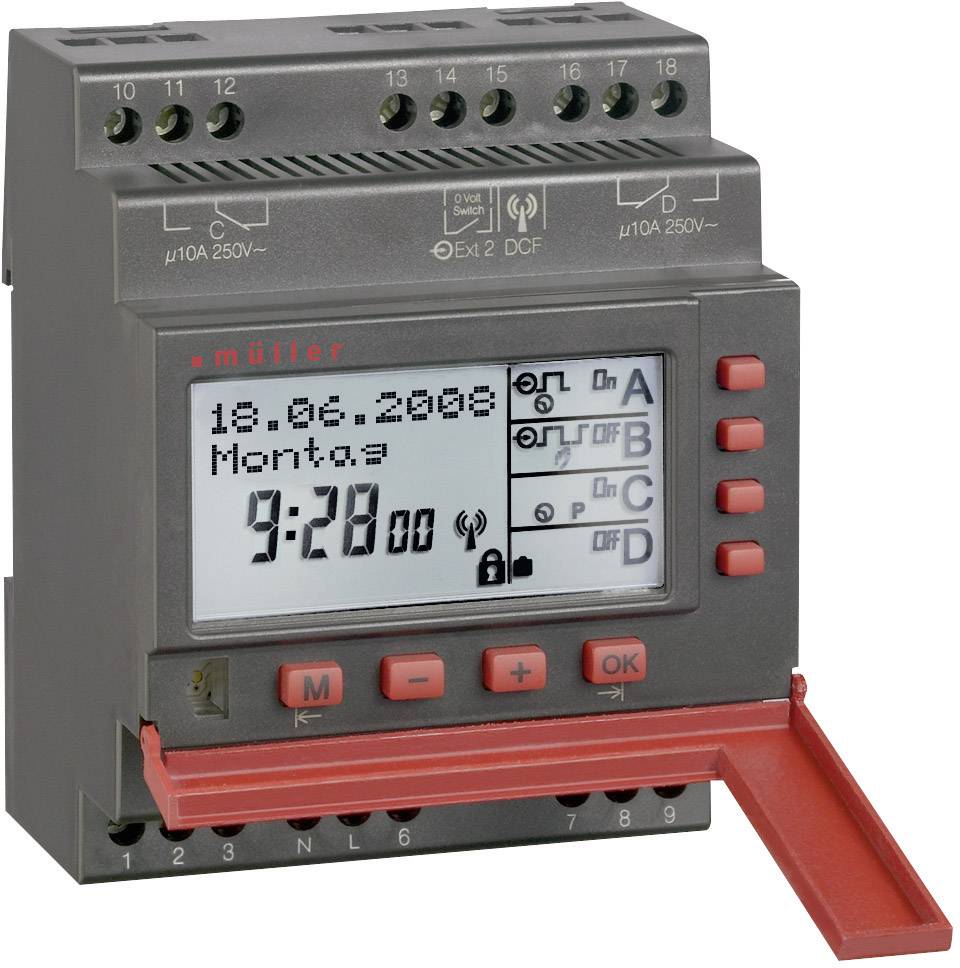 Digital time switch displays '18.06.2008', 'Monday' and '9:28'. Screen with buttons and cover. Main function: time control.