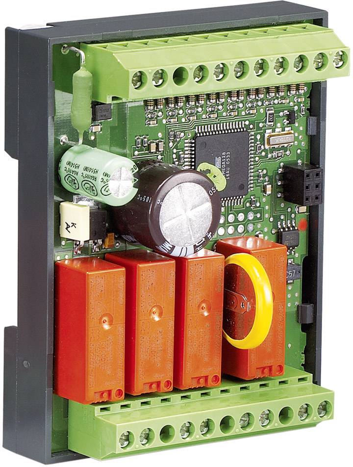 Electronic control module with green circuit board, multiple connectors, and red components.