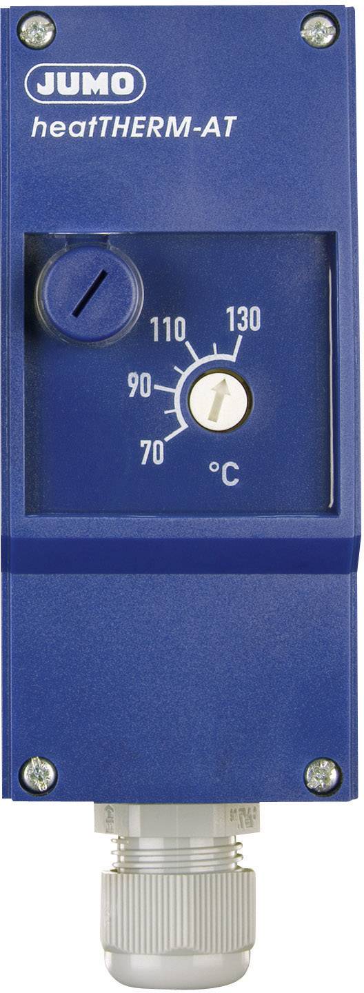 A blue JUMO heatTHERM-AT temperature controller with a scale ranging from 70 to 130 degrees Celsius. The rotary knob is set to 90 degrees.