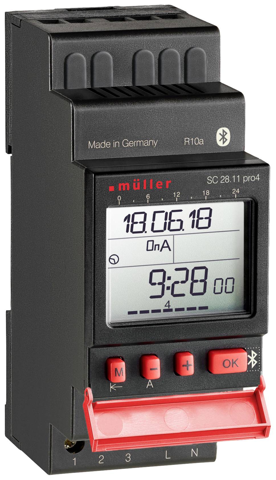 Digital timer with display and buttons, shows date and time. The display is flashing. 'Made in Germany' at the top.