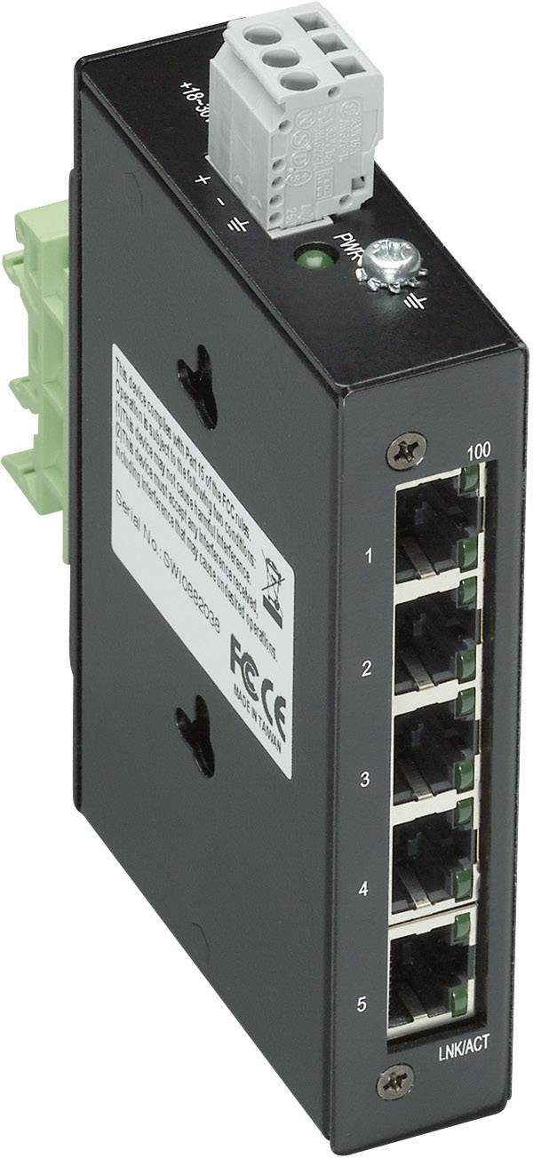 A black Ethernet switch with five RJ45 ports and a green port for power supply.