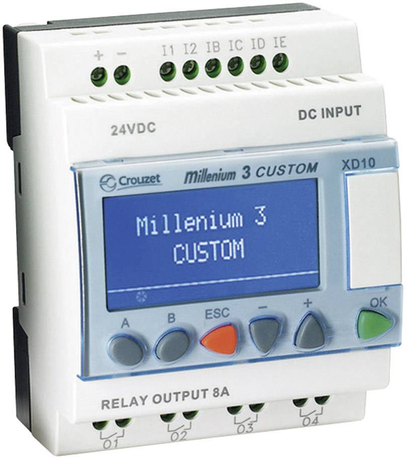 A programmable control unit with a display showing 