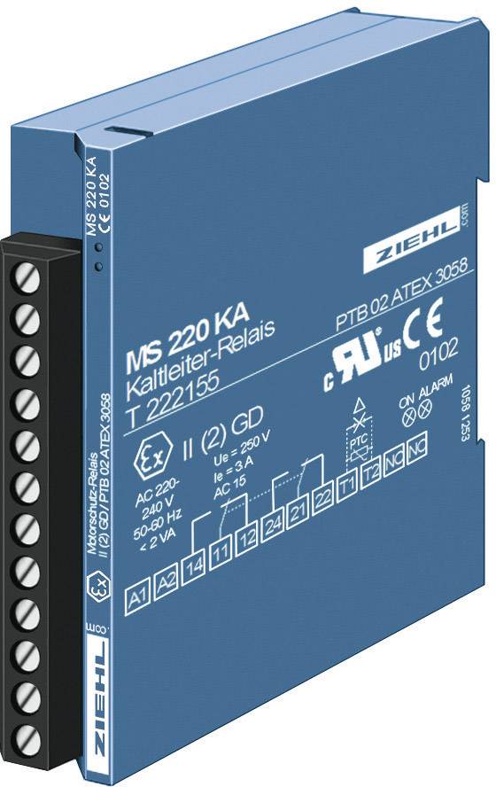 Blue cold conductor relay device by Ziehl with model number MS 220 KA and technical symbols on the front.