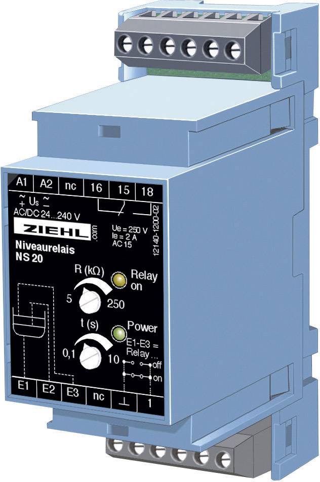 A blue electric level relay by Ziehl with adjustment options for resistance (R) and time (t). Model number NS 20.