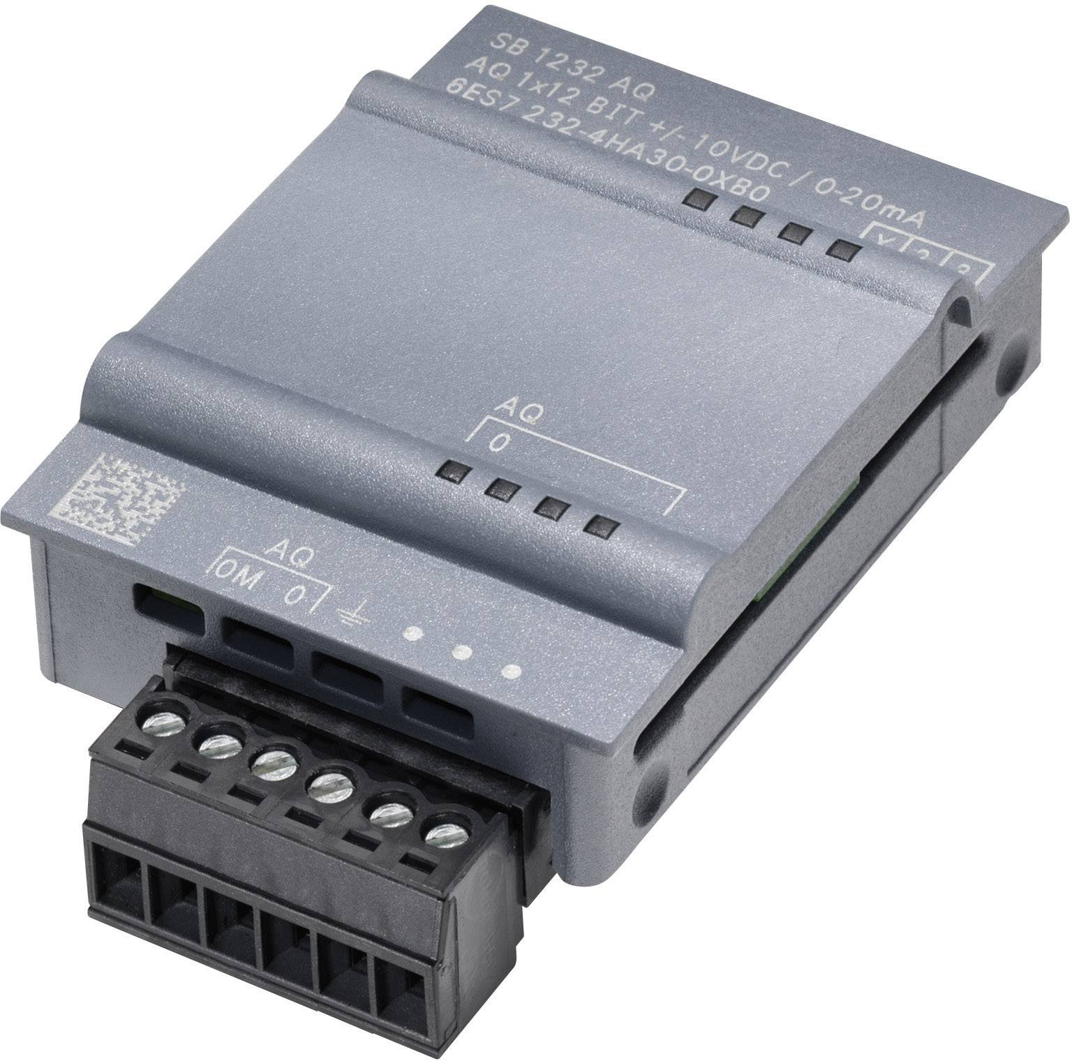 Industrial device module with connection terminals and labelling: AQ 1x12 Bit, 0–10VDC, 0-20mA. Grey housing, rectangular shape.