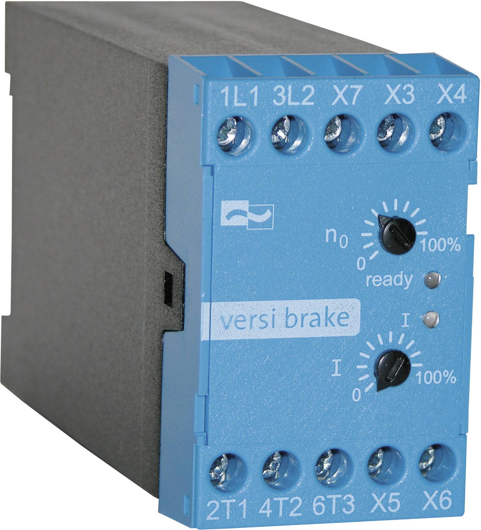 Electronic module with a blue housing, multiple connection terminals at the top and bottom, with two rotary controllers for percentage adjustment.