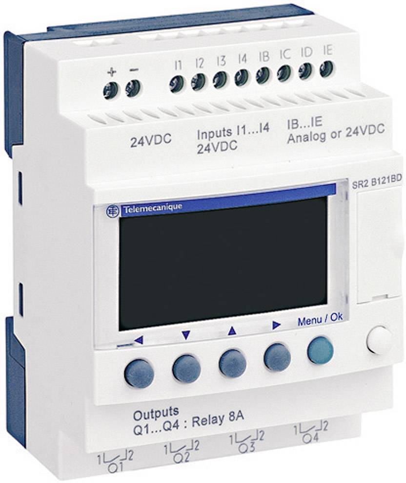 A programmable logic module by Telemecanique with display and interfaces for digital inputs and outputs, suitable for 24VDC.