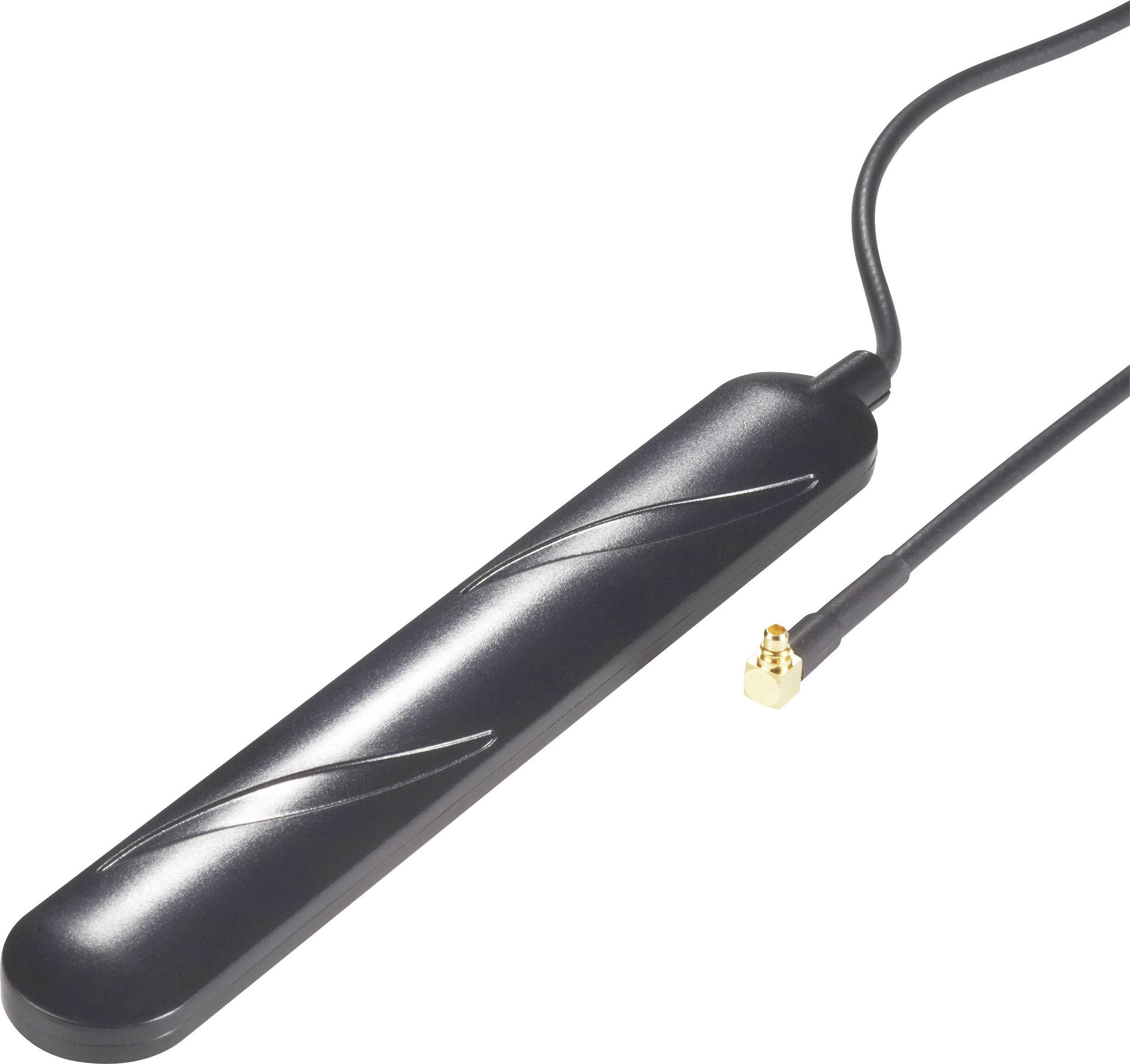 A black external antenna with cable and gold-coloured plug, used for signal enhancement for electronic devices.