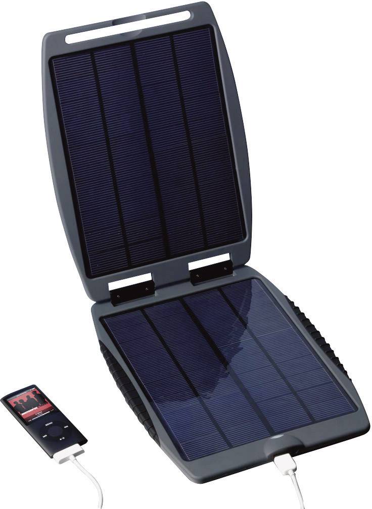 Portable solar charger with foldable solar modules, which charges a small device via USB cable. Ideal for outdoor activities.