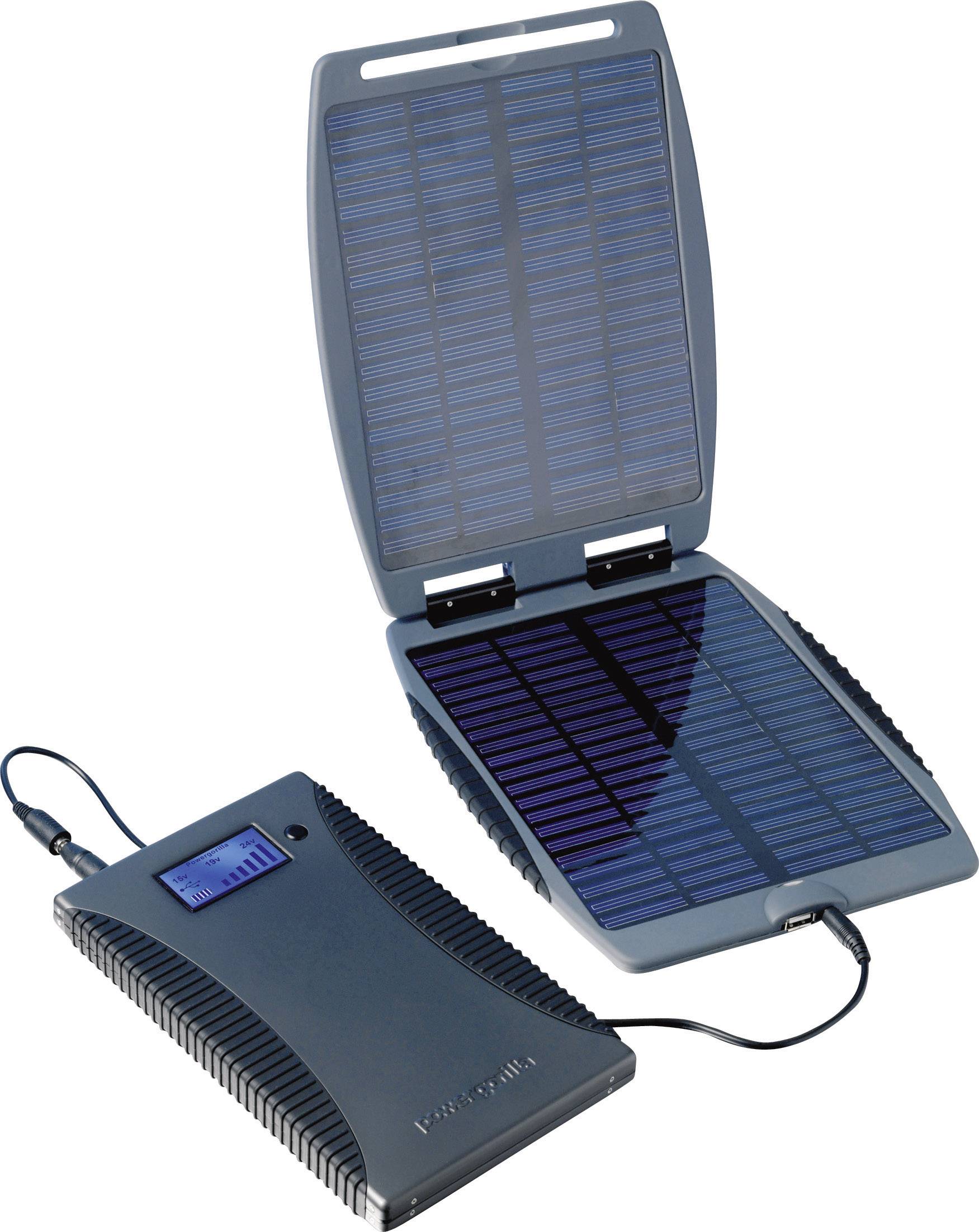 Portable solar charger with two unfolded solar panels connected by a cable. A display indicates the charging status.