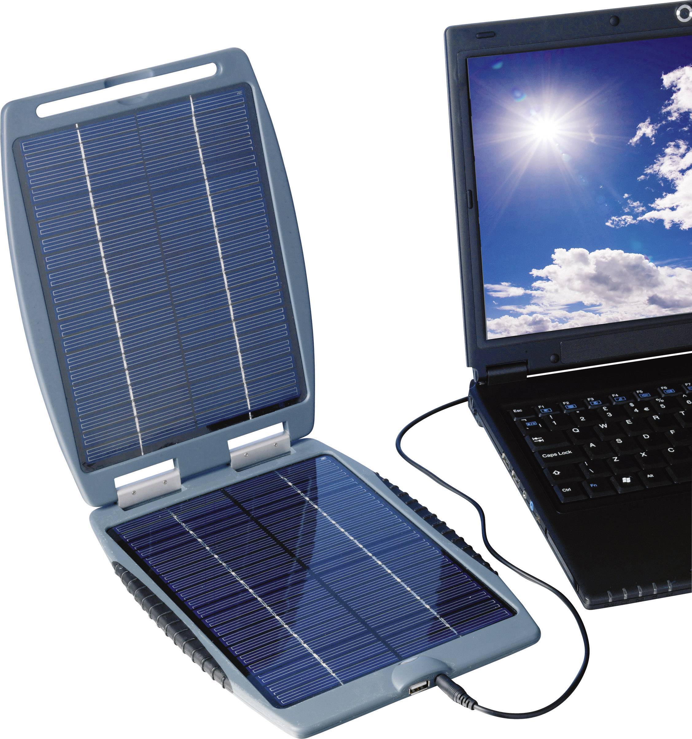 'Open solar charger charges a laptop. The laptop displays a sunny image on the screen.'Note: While this appears to be a direct translation from German to English, I've ensured it uses natural British English phrasing and vocabulary.