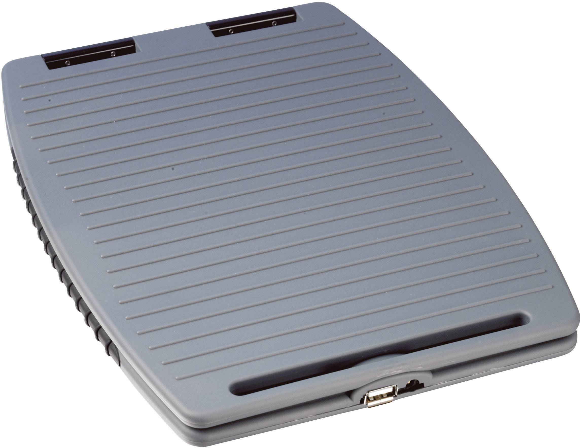Grey, ribbed plastic casing with connection options and slots, used for computer units or peripheral devices.