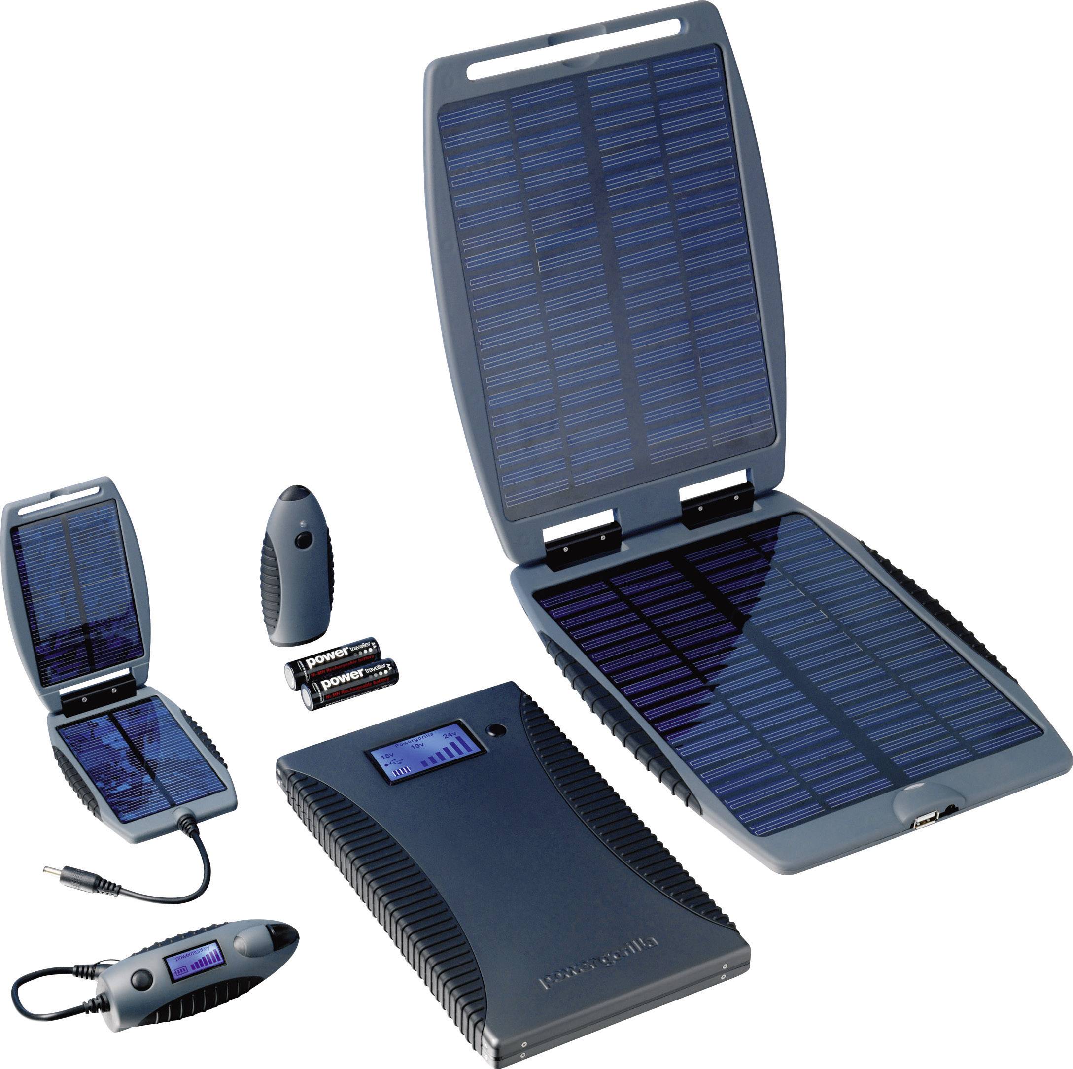 Portable solar chargers in various sizes with batteries and connections. Perfect for eco-friendly charging on the go.