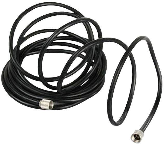 A coiled black cable with metal connectors at each end, placed on a neutral background.