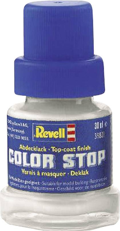 Small bottle of 'Revell Color Stop' with blue lid; masking varnish for model making, 30 ml.