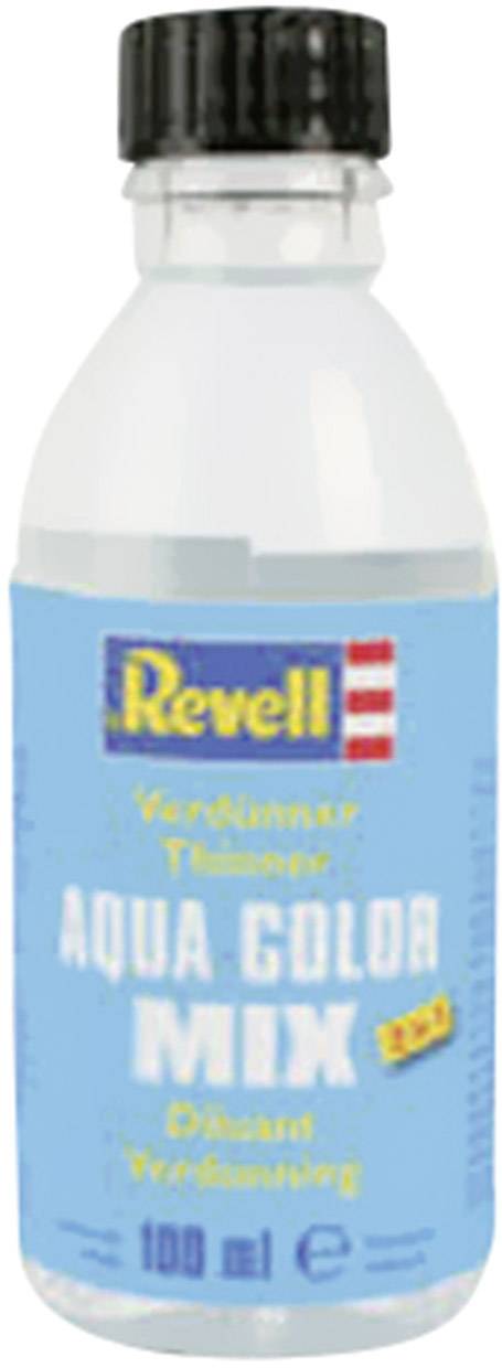 Plastic bottle with blue label inscription 'Revell Aqua Color Mix'. Contains 100 ml thinner for modelling paint.