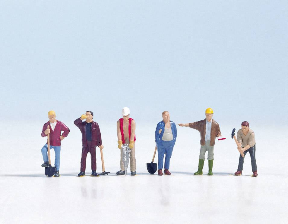 Miniature figures of six working construction workers in various poses with tools against a light background.