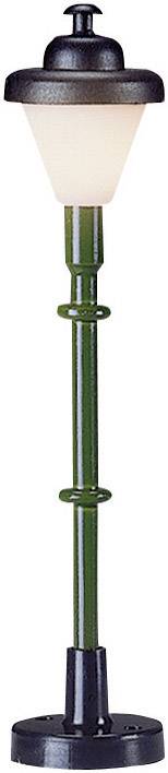 Colourful, decorative miniature street lamp with a black shade and green post mounted on a round base, used for model railway landscapes.