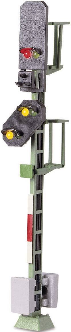 Railway signal on green, yellow and red, for stopping and proceeding of trains.