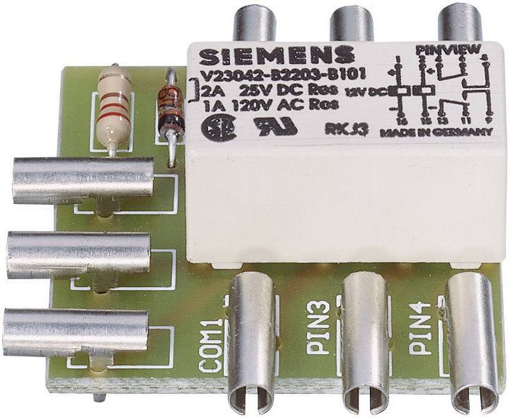 Small green circuit board with electronic components, including resistors and relays with the 'Siemens' label on top.