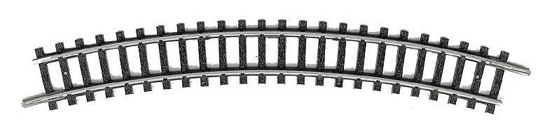 A single curved model railway track piece made of black plastic with metal rails, suitable for H0 gauge.