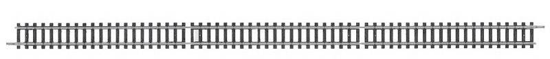 Metal rails in a straight line, typical of model railways, on a white background.