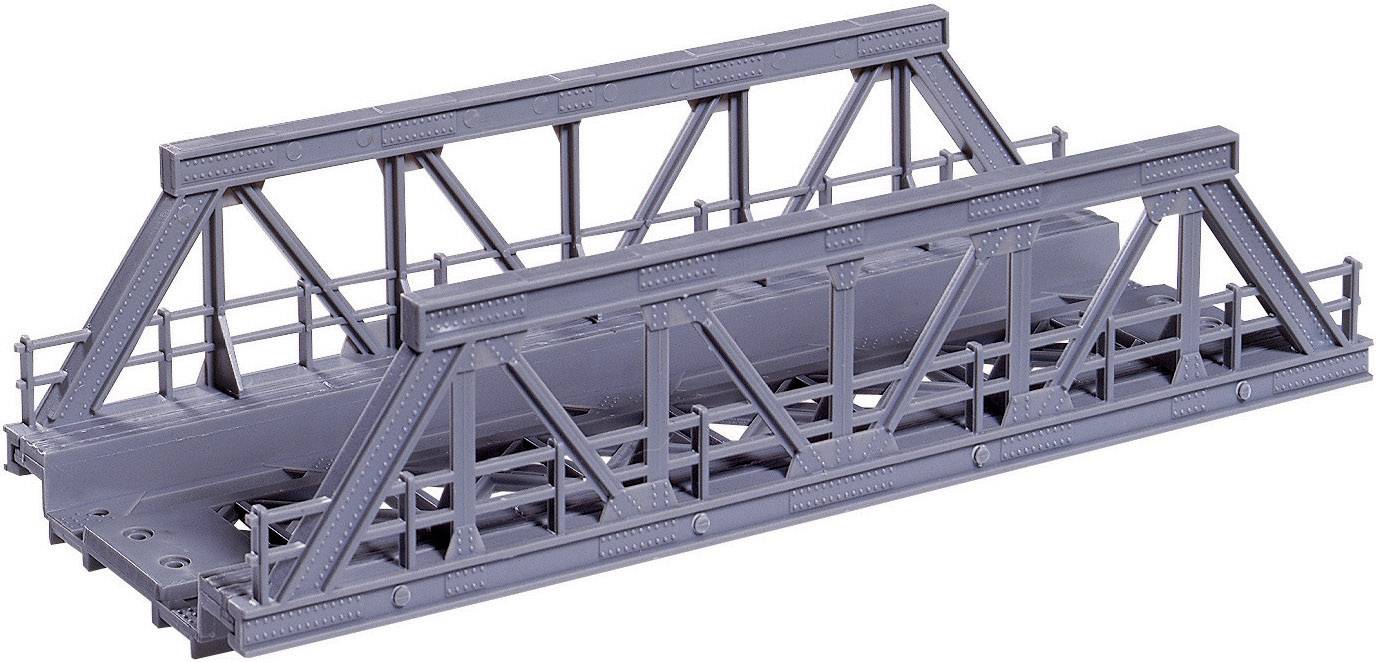 Grey model of a steel beam bridge, side view, showing complex lattice structure, used to illustrate bridge design.