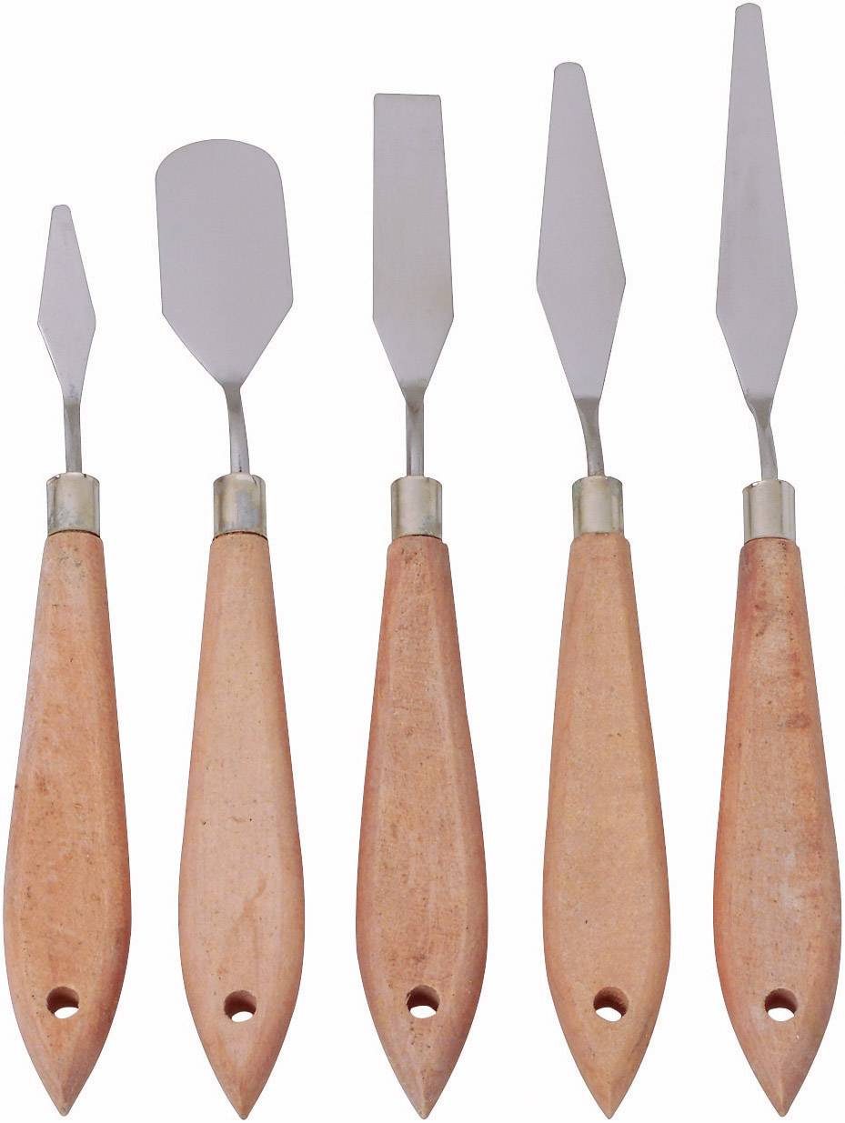 Five paint scrapers with wooden handles and different metal blade shapes, arranged side by side.