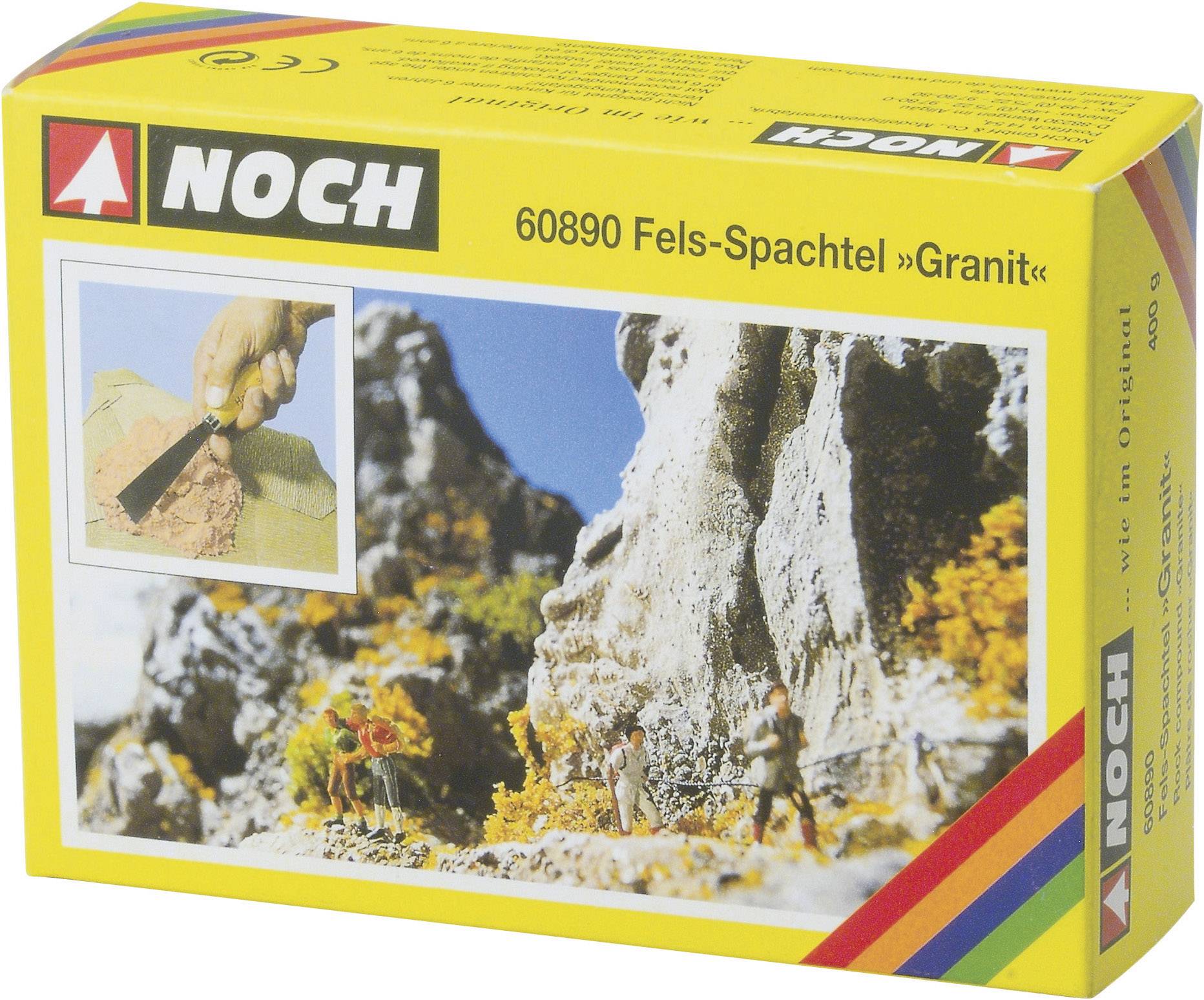 A 'NOCH' Rock Filler 'Granite' packaging displays an image of the filler material and a mountain scene with model figures.