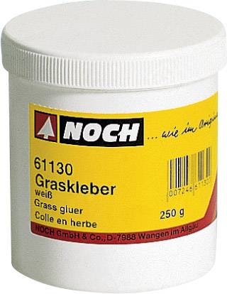 A white container with a red label reading 'Grass Adhesive, 250 g'. For model-making purposes by the brand NOCH.