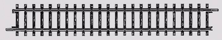A single model railway track with uniform spacing between sleepers, suitable for use in model railway layouts.