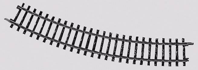 Curved rail section made of black plastic, as used in model railways.