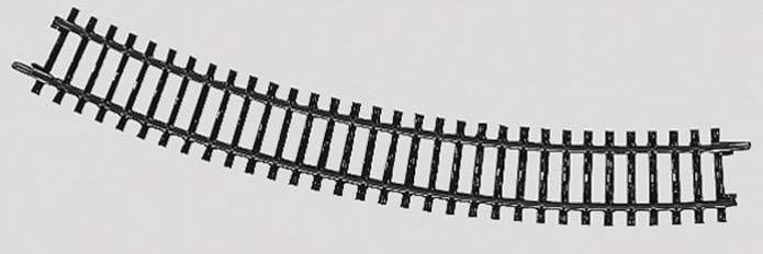 A curved model railway track piece made of black plastic on a grey background, used for train models.