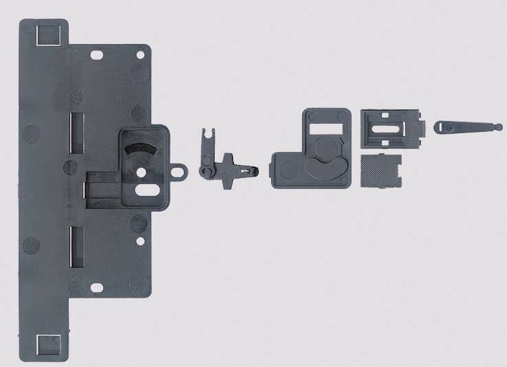 Disassembled black locking mechanism, comprising multiple components, against a grey background.
