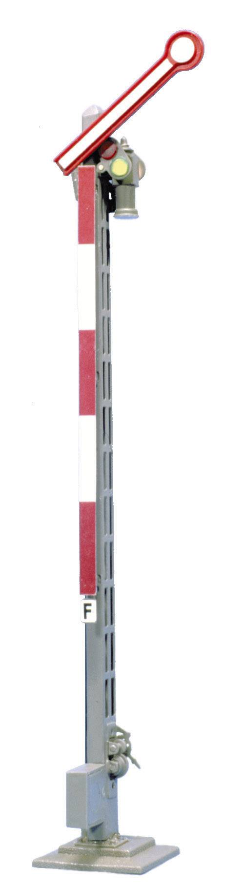 A mechanical railway signal shows 'Clear', with the signal arm angled upwards. In the background, a blue-grey signal post.