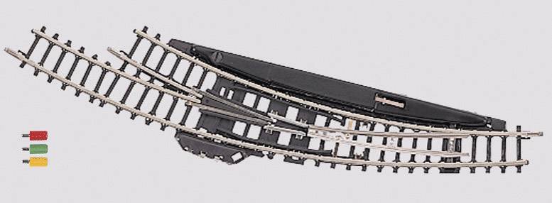 Model railway point with three track options in blueprint representation. On the left are three coloured signal lights: Red, Yellow, Green.