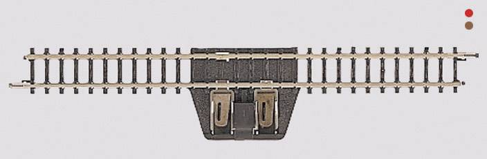 Straight model railway track with an electrical switching component in the middle, against a grey background.