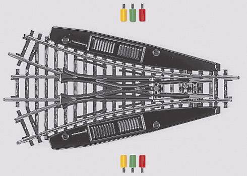 Illustration of a model railway track with two points. Above and below are colour signals in yellow, red, and green.