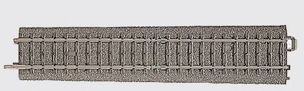 Railway track section for model railway, viewed from above, with brown sleepers and silver rails on a grey background.