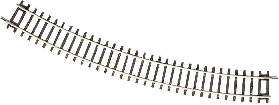 A curved piece of railway rail lying on a white background.