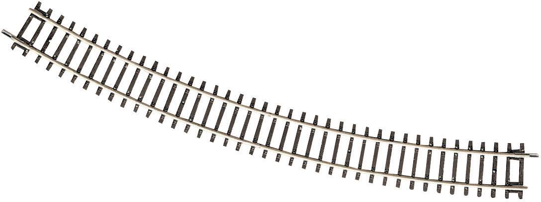 Curved model railway track against a white background, bent to the right. Suitable for model building and collections.