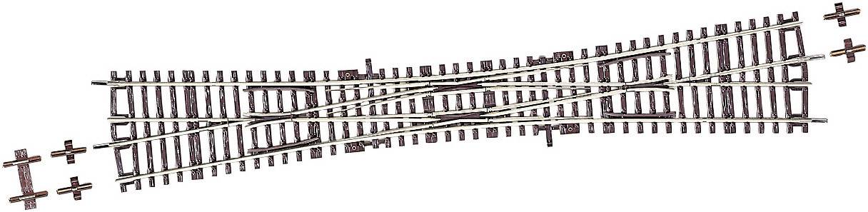 A model railway track with a complex point (or turnout) construction that allows rerouting trains in multiple directions.