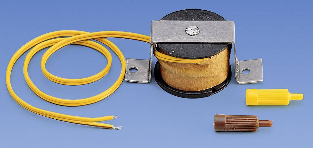 A yellow transformer with two cables, mounted on a metal bracket, next to two differently coloured wire connectors.